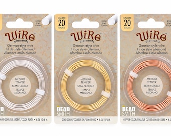 May include: Three spools of 20 gauge German-style wire by Beadsmith, each 6.56 yards long. The spools feature silver, gold, and copper colored wire, respectively. Each package is labeled with the text Wire Elements, Medium Temper, and Semi-Flexible.