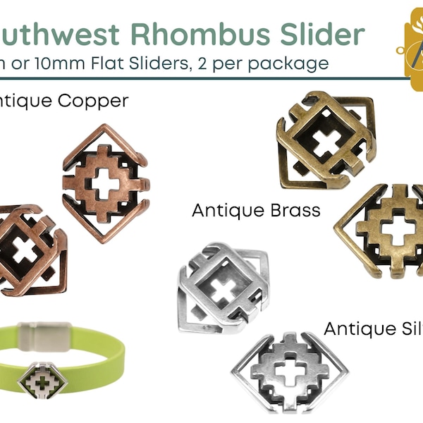 SOUTHWEST Rhombus 5mm and 10mm Slider, with Cross, 2 Pcs., Antique Brass, Antique Silver, Antique Copper