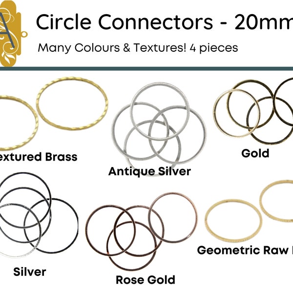 Connecteurs circulaires de 20 ou 25 mm, Lisse, Géométrique, Texturé, Argent vieilli, Or, Laiton brut, Or rose, Argent, 4 pièces