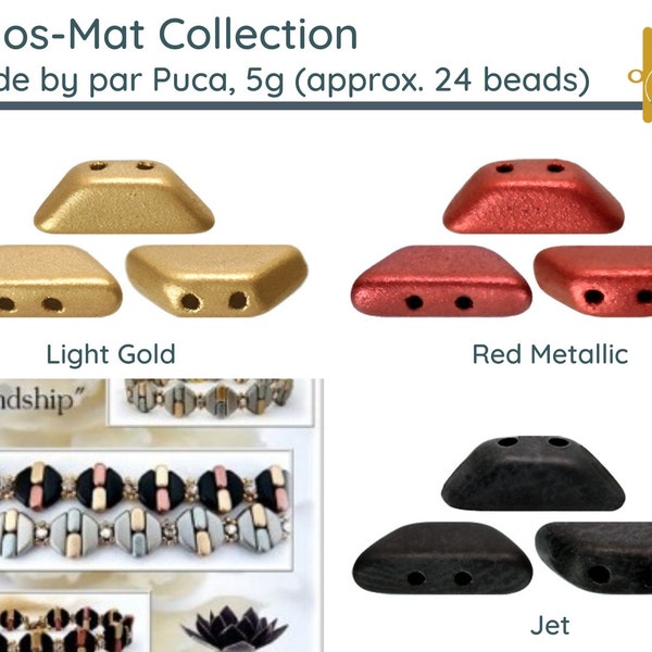 Tinos par Puca, The Matte Collection, 5g (approx. 24 beads), + 2 Free Patterns, Deep Rich Colors!, Jet, Light Gold, Red Metallic