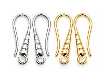 May include: Two silver-toned and two gold-toned metal earring hooks. Each hook features a curved wire top and a tapered, ribbed conical section leading to a small circular loop at the bottom for attaching jewelry components.