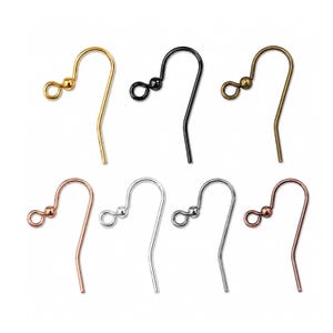 May include: A collection of seven metal earring hooks in various finishes, including gold, black, antique bronze, rose gold, silver, bright silver, and copper. Each hook features a curved wire design with a small bead and a loop for attachment.