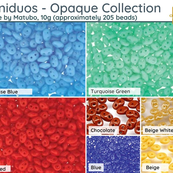 MINIDUOS, 10g. ~205 Beads, Opaque Collection by Matubo, FREE pattern with Order, Beige, Blue, Chocolate, Coral Red, Beige White Luster