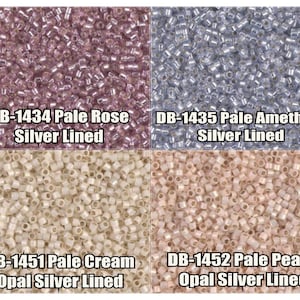 May include: Four close-up images of seed beads in different colours. The top left image shows pale rose seed beads with silver lining. The top right image shows pale amethyst seed beads with silver lining. The bottom left image shows pale cream seed beads with opal silver lining. The bottom right image shows pale peach seed beads with opal silver lining. Each image includes the product code and description.