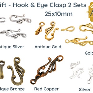 May include: Two sets of hook and eye clasps in antique silver, antique gold, gold, antique bronze, red copper, and silver. Each set includes a hook and an eye, both measuring 25mm by 10mm.