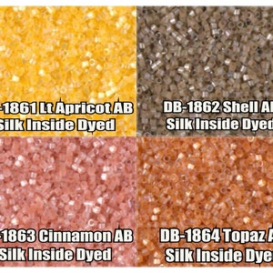 May include: Four close-up images of seed beads in different colors. The beads are all the same size and shape, and they are arranged in a random pattern. The colors are: light apricot, shell, cinnamon, and topaz. The text on the images reads: "DB-1861 Lt Apricot AB Silk Inside Dyed", "DB-1862 Shell AB Silk Inside Dyed", "DB-1863 Cinnamon AB Silk Inside Dyed", and "DB-1864 Topaz AB Silk Inside Dyed".