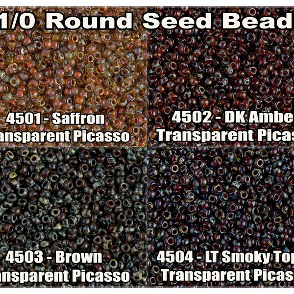 11/0 Miyuki Round Seed beads 8.5g 23g, Saffron Transparent Picasso 4501, Amber Picasso 4502, Red Brown Picasso 4503, Garnet Picasso 4504