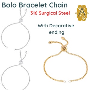May include: Two bolo bracelet chains, one silver and one gold, with decorative ends. Both are made of 316 surgical steel.