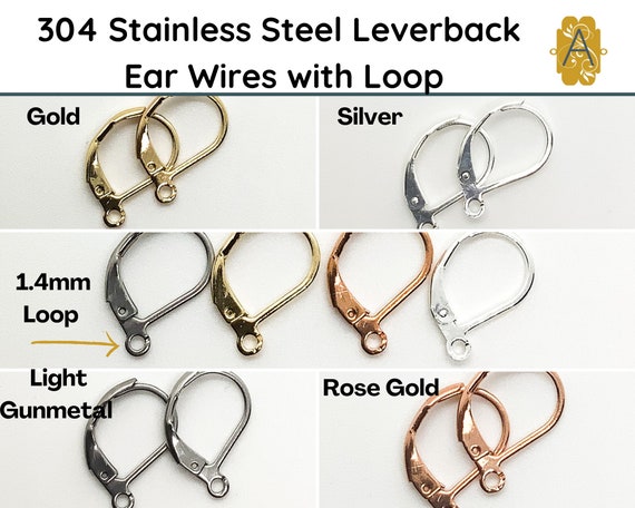 304 Stainless Steel, LEVERBACK Ear Wires With Loop, 5 Pair, 4 Colors, Ear  Hooks, Gold, Silver, Rose Gold, Lt Gunmetal 