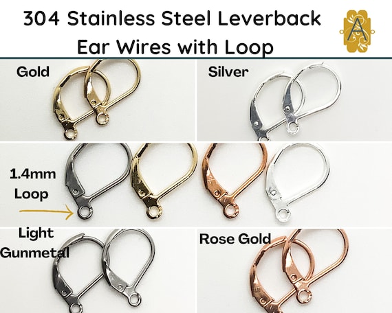 304 Stainless Steel, LEVERBACK Ear Wires With Loop, 5 Pair, 4 Colors, Ear  Hooks, Gold, Silver, Rose Gold, Lt Gunmetal 