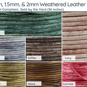 Peut inclure: Six bobines de cuir vieilli de 1 mm, 1,5 mm et 2 mm dans différentes couleurs, notamment Basilic, Gris, Café, Ivoire, Arachide, Bois et Carmin. Conforme REACH, vendu au mètre (91,44 cm).