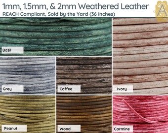 May include: Six spools of 1mm, 1.5mm, and 2mm weathered leather in various colors, including Basil, Grey, Coffee, Ivory, Peanut, Wood, and Carmine. REACH Compliant, Sold by the Yard (36 inches).