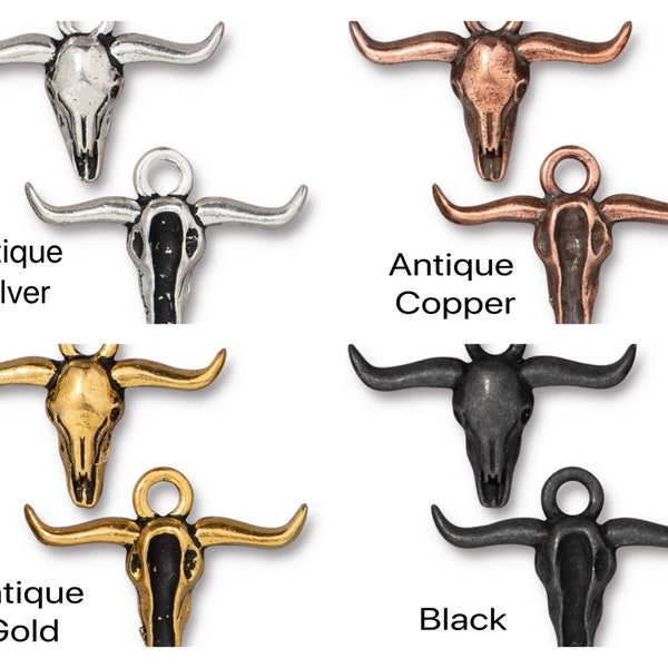 2 Pcs., Texas Longhorn Charm, TierraCast Wild West Collection, Antique Silver, Antique Copper, Antique Gold, Black