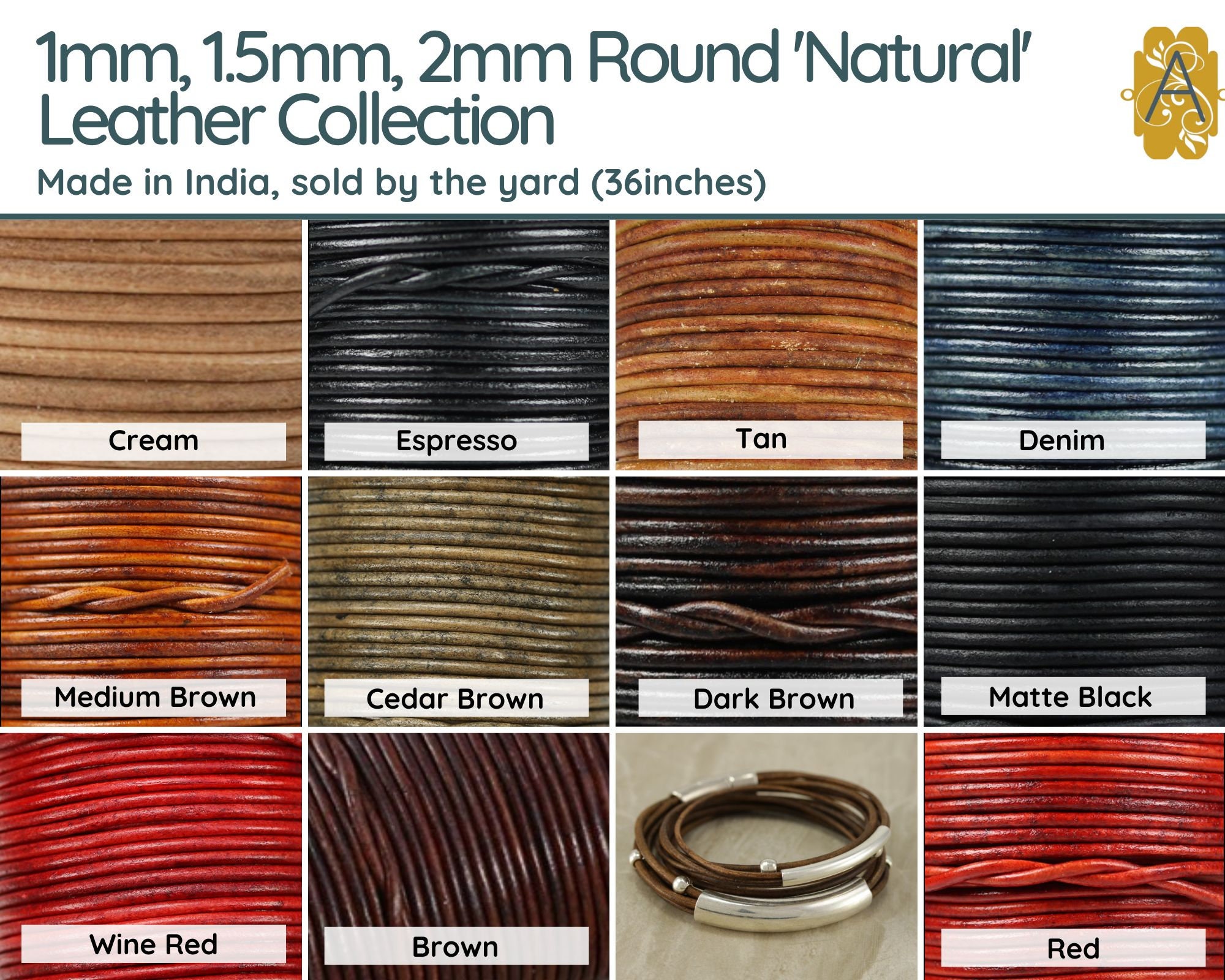 1 mm, 1,5 mm und 2 mm rundes Superior Leder, 'Natural Collection', verkaufter Schüttgutbestand (36 in.)