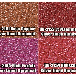 May include: Four close-up images of seed beads in different colors. The beads are silver lined and have a Duracoat finish. The colors are Rose Copper, Lt Watermelon, Pink Parfait, and Hibiscus.