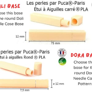 May include: Two beige plastic needle cases, one round and one square, with measurements in inches. The round case is labeled "Les perles par Puca®-Paris Etui à aiguilles Rond ® PLA" and the square case is labeled "Les perles par Puca®-Paris Etui à Aiguilles carré ® PLA". Both cases are made in France.