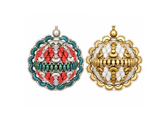 May include: Two spherical ornaments featuring intricate beadwork. The left ornament displays red, green, and teal beads with a silver-toned topper. The right ornament features gold and white beads with a matching gold-toned topper.