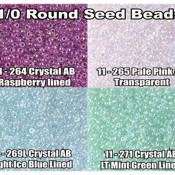 11/0 Miyuki Seed beads 8.5g, 23g, Crystal AB Raspberry Lined 264, Pale Pink ab Trans 265, Light Ice Blue Lined 269L, LT Mint Green Lined 271