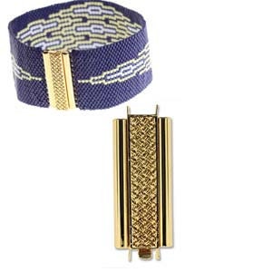 May include: Gold-toned metal clasp for a stretchy bracelet. The clasp has a woven design and is rectangular in shape.