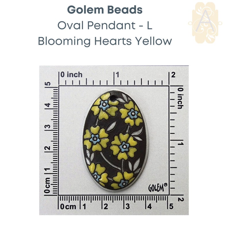 Oval Ceramic Pendants, Handmade by Golem Studios 12 Patterns BloomingHearts_Yello