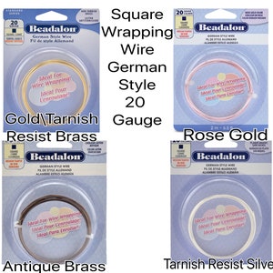 May include: Four spools of Beadalon German Style 20 Gauge square wrapping wire in gold, rose gold, antique brass, and tarnish resist silver. Each spool is labelled with the wire colour and gauge.