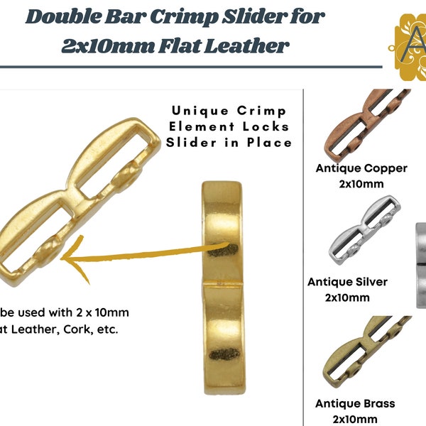 New and BRILLIANT! Double Bar Crimp Slider, 1 Piece, for 2 x 10mm Flat Leather, Cork or similar Material