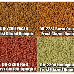 May include: Four different colours of opaque, frost-glazed seed beads. The colours are pecan, burnt orange, red, and honeydew.