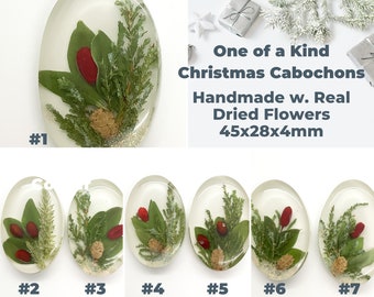 One of a Kind, CHRISTMAS CABOCHONS, 45x28mm, Handmade with Real Dried Flowers