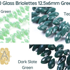 May include: 6010 Glass Briolettes 12.5x6mm Greens.  Three strands of glass beads in light green, teal, and dark slate green.  Each bead is faceted and has a teardrop shape.