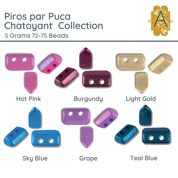 PIROS par Puca Chatoyant Collection , 5g. 72-75 Beads, +2 Free Patterns with Order, Burgundy, Grape, Hot Pink,Light Gold,Teal Blue, Sky Blue