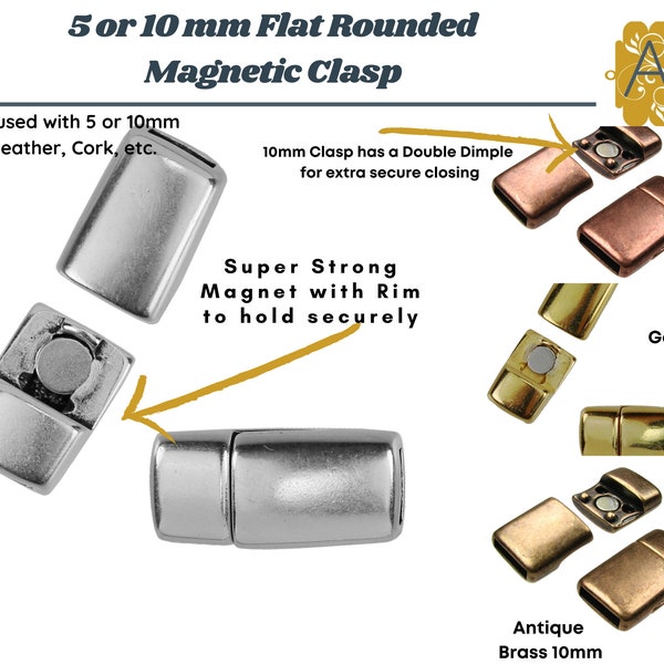 5 or 10mm ROUNDED Flat Leather Magnetic Clasp, Can be used with Round Leather too!, Antique Silver, Gold, Antique Brass & Copper