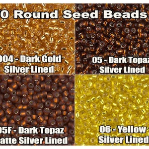 8/0 Miyuki Seed beads 10 g, Dark Gold Silver Lined 04, Dark Topaz Silver Lined 05, Dk Topaz Matte Silver Lined 05F, Yellow Silver Lined 06