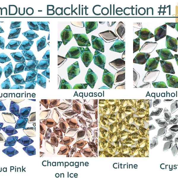 GemDuo, Backlit Collection #1, 10g. ~ 70 Beads, Aquamarine, Aquasol, Aquaholic, Aqua Pink, Champagne, Citrine, Crystal