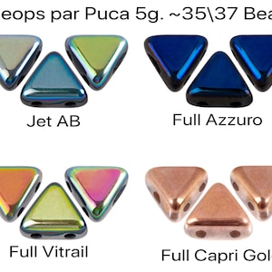 May include: Three sets of three triangle-shaped beads in different colors. The first set is a dark blue with iridescent accents, the second set is a copper color, and the third set is a mix of orange and purple with iridescent accents. The text "Kheops par Puca 5g. ~35/37 Beads" is at the top of the image. The text "Jet AB", "Full Azzuro", "Full Vitrail", and "Full Capri Gold" are below each set of beads.