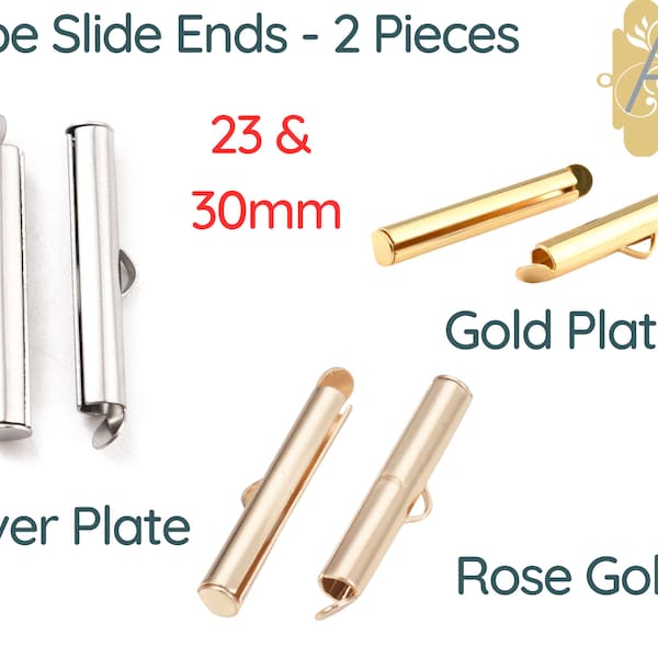 Cord Ends, Tube Slide Ends, 23 or 30mm, for Peyote, Ladder, Brick Stitch etc. Bracelets, 2 Pcs. Gold, Rose Gold or Platinum Color