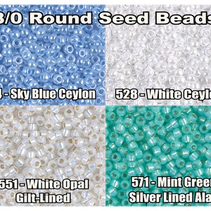 8/0 Miyuki Seed beads 10 g, Sky Blue Ceylon 524, White Ceylon 528, White Opal Gilt-lined 551, Mint Green Silver Lined 571