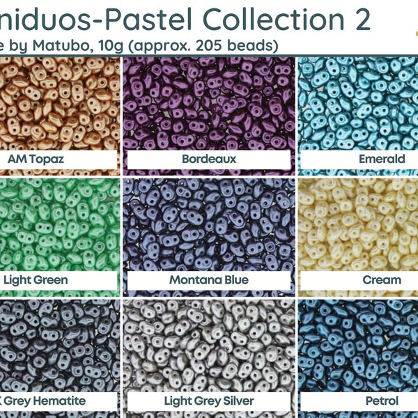 MINIDUOS, The Pastel Collection 2, 10 g ~ 205 perles, + motif GRATUIT sur commande, 9 couleurs éclatantes, fabriqué par Matubo