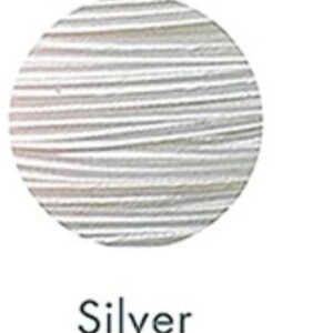 May include: A circular swatch of silver-colored thread, showing the texture of the material. The word "Silver" is printed in a black, sans-serif font below the swatch.