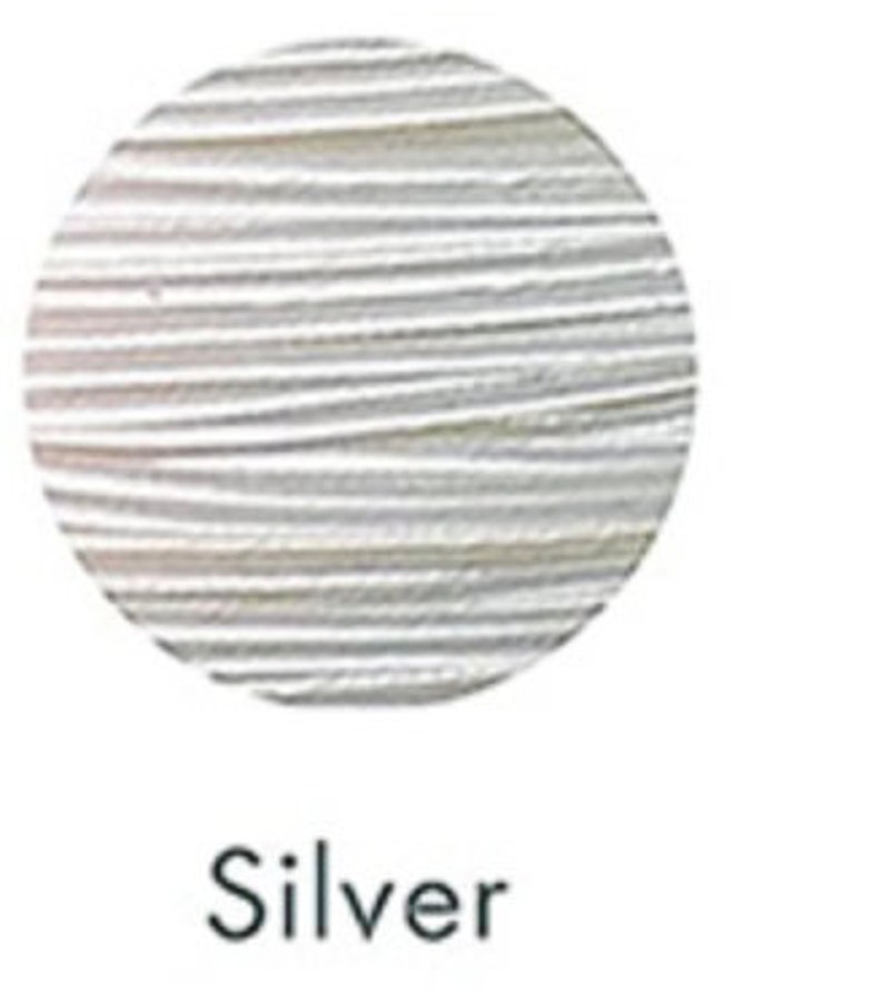 May include: A circular swatch of silver-colored thread, showing the texture of the material. The word "Silver" is printed in a black, sans-serif font below the swatch.