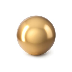 Könnte beinhalten: Eine goldene Kugel mit glatter, reflektierender Oberfläche. Die Kugel hat eine einfarbige Farbe und scheint aus Metall zu bestehen. Die Beleuchtung erzeugt Glanzlichter und Schatten, wodurch sie dreidimensional wirkt. Das Objekt ist vor weißem Hintergrund isoliert.