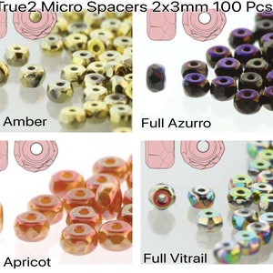 TRUE2 MicroSpacers, 100 of 200 stuks, 2 x 3 mm gefacetteerde rondelles, + EEN GRATIS patroon bij aankoop, volledig ambr, gevitrail, abrikoos, azuurblauw