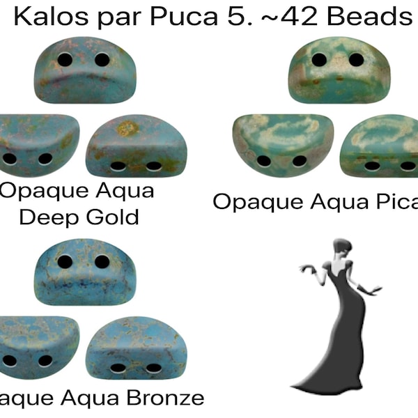 KOS par Puca, 5g. ~42 Beads, Opaque Aqua Deep Gold, Aqua Picasso, Aqua Bronze