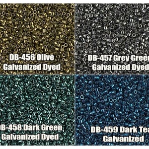 May include: Four close-up images of different colored seed beads. The beads are galvanized and dyed. The colors are olive, grey green, dark green, and dark teal. The text on the images reads: DB-456 Olive Galvanized Dyed, DB-457 Grey Green Galvanized Dyed, DB-458 Dark Green Galvanized Dyed, DB-459 Dark Teal Galvanized.