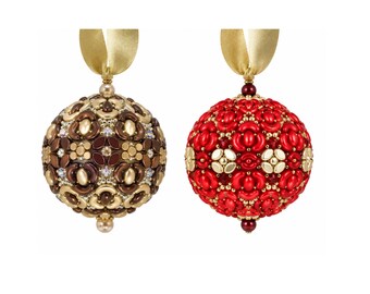 May include: Two spherical ornaments featuring intricate beadwork. The left ornament displays brown, gold, and iridescent beads. The right ornament features red and gold beads. Both are topped with a gold ribbon loop for hanging.
