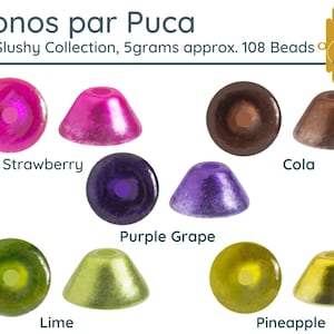 May include: Assortment of 108 colourful glass beads in various fruity flavours, including strawberry, lime, purple grape, cola, and pineapple. The beads weigh 5 grams and are part of the Konos par Puca Ice Slushy Collection.