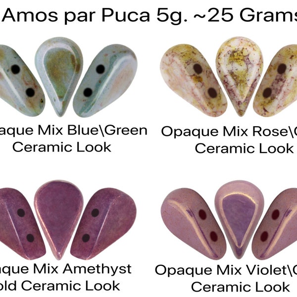 AMOS par Puca, 5 g. ~25 Beads, + 2 FREE Patterns w. order, Opaque Mix Ceramic Look, Rose Gold, Amethyst Gold, Blue Green, Violet Gold