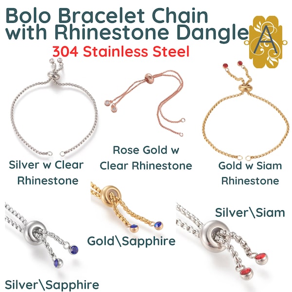 Bolo Bracelet Chain, with Rhinestone Ending, Gold or Silver