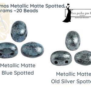 SAMOS par Puca, Metallic Matte Spotted, 5g. ~20 Beads, + TWO FREE Patterns with par Puca bead Purchase., Blue Spotted, Old Silver Spotted