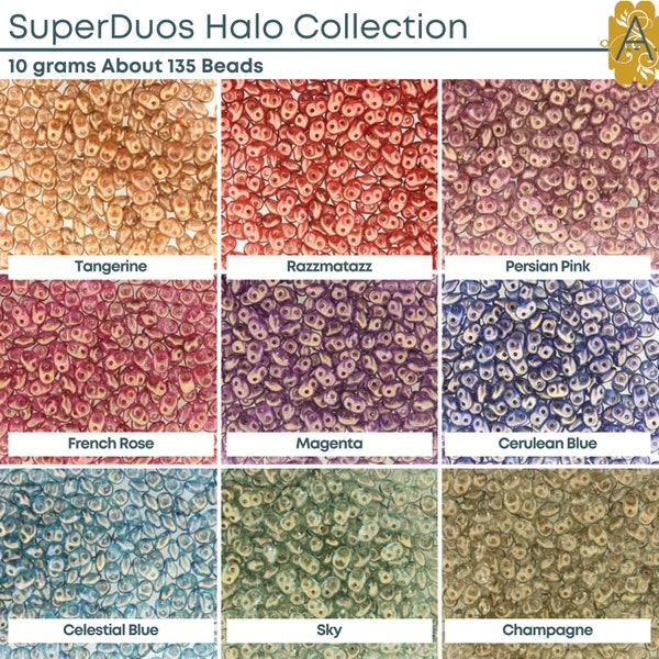 Collection Superduo Halo, 10 g. ~ 135 perles, par Matubo, 10 couleurs