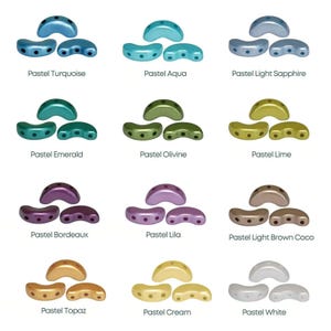 May include: A selection of pastel-coloured, crescent-shaped beads with three holes each. Colours include turquoise, aqua, light sapphire, emerald, olivine, lime, bordeaux, lila, light brown coco, topaz, cream, and white. Each bead is approximately 1.3 cm in length.